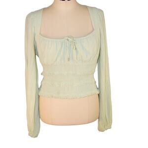 Free People Lolita Mint Green Smocked Square Neck Top Long Sleeve M